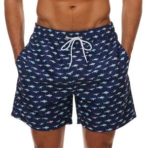 Men's Swim Trunks Quick Dry Stretch Beach Short Pocket Navy Blue Shark Attack